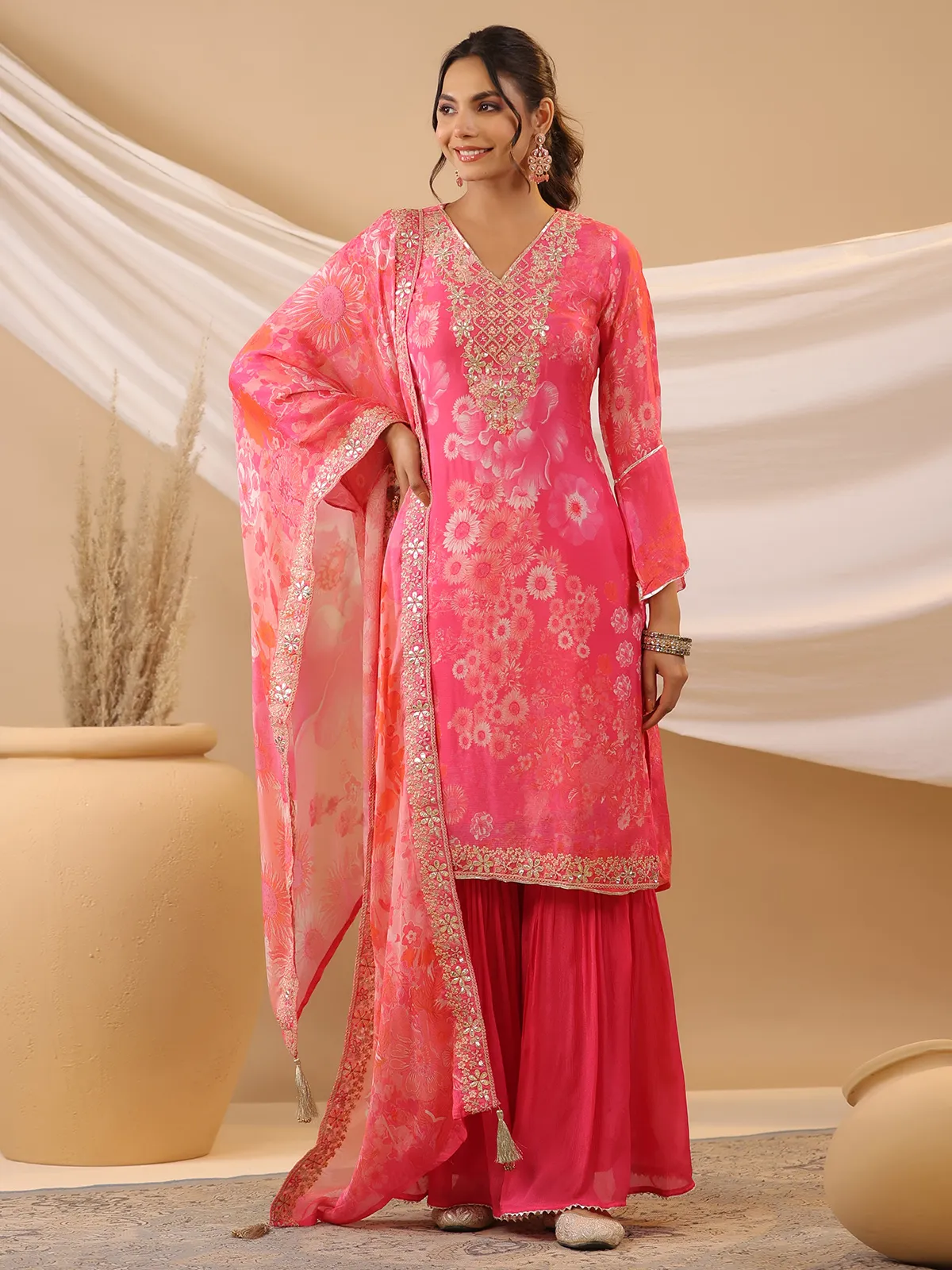 Amazing pink printed georgette sharara set