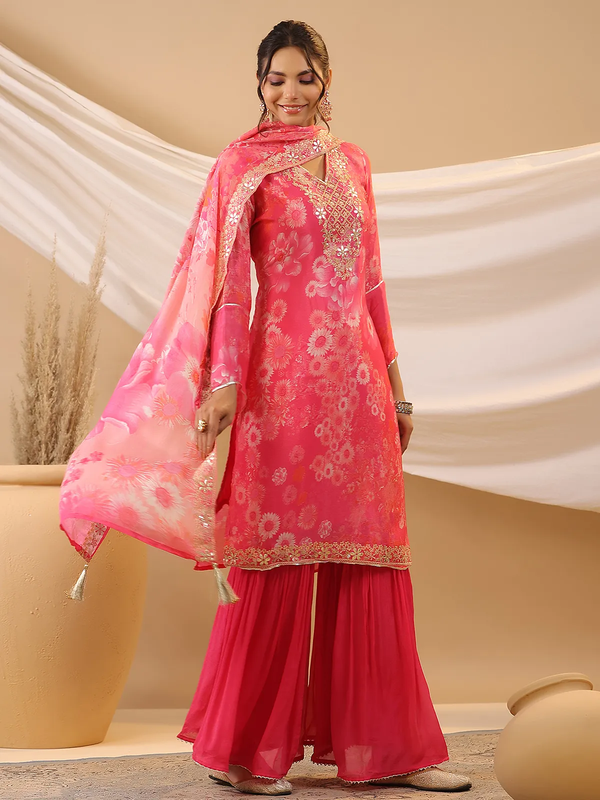 Amazing pink printed georgette sharara set