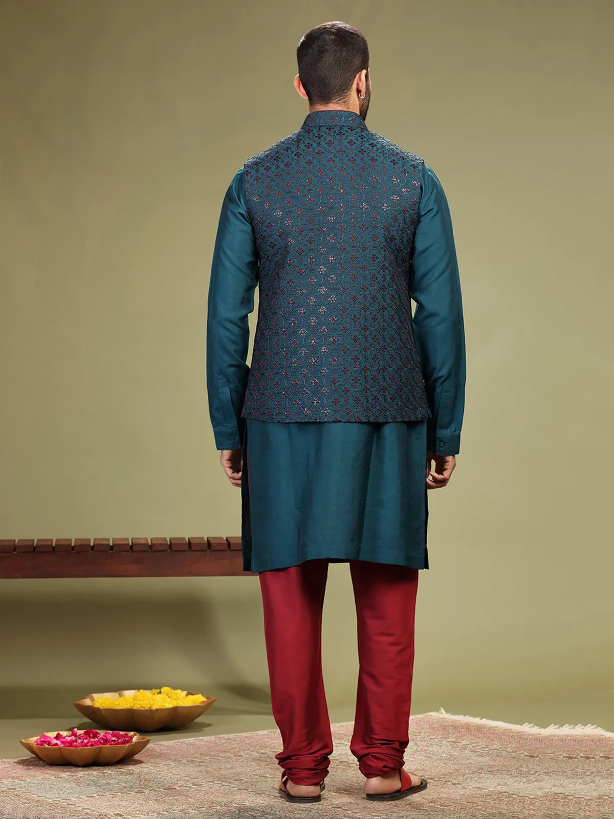 Amazing rama blue silk waistcoat set