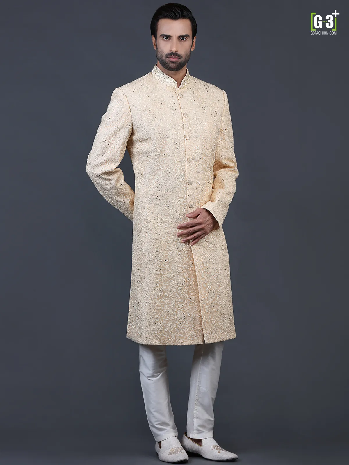 Amazing yellow net sherwani for wedding