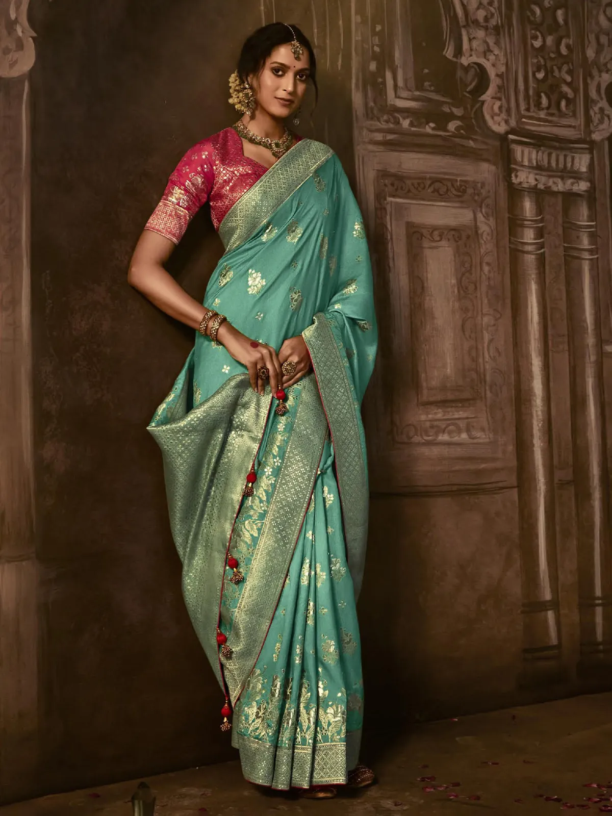 Aqua dola silk zari weaving saree