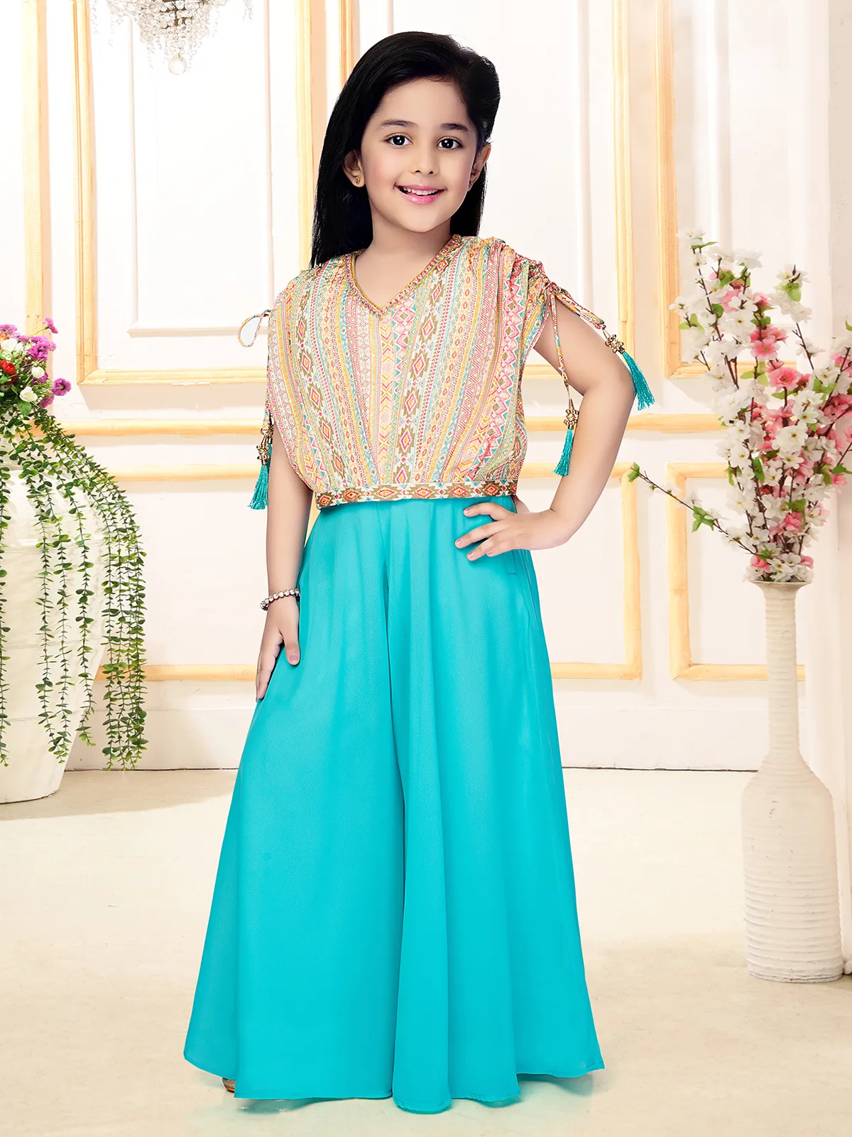 Aqua georgette palazzo with crop top