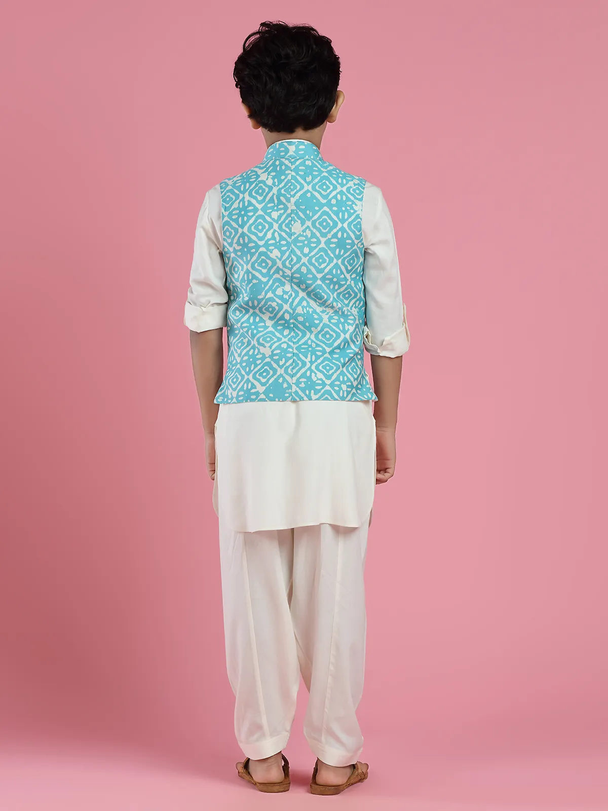 Aqua hue silk printed waistcoat set