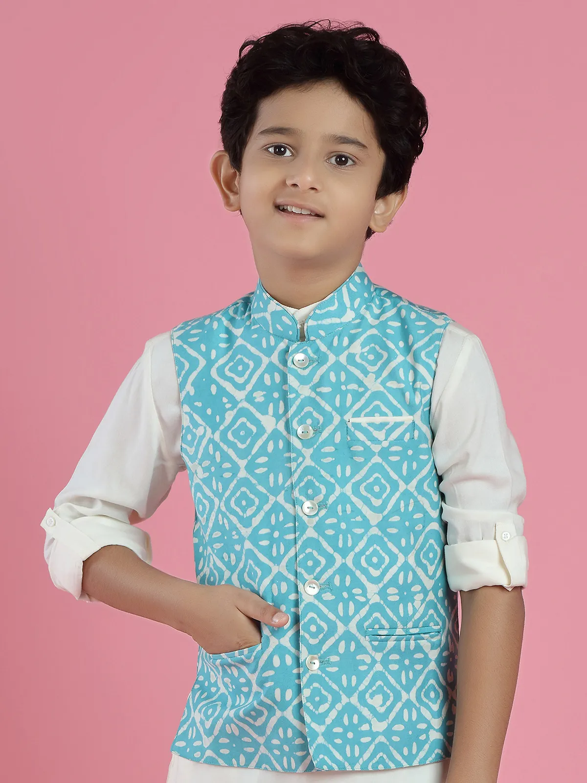 Aqua hue silk printed waistcoat set