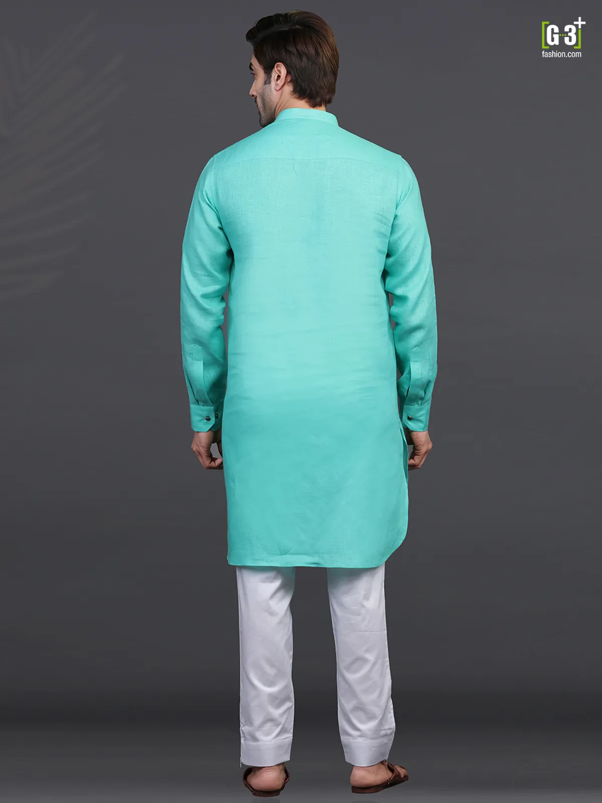 Aqua linen stand collar kurta pajama