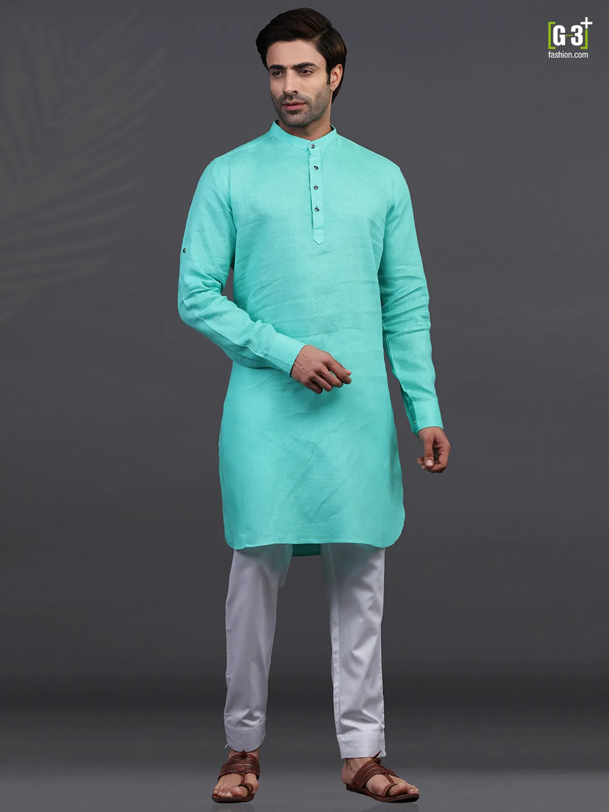 Aqua linen stand collar kurta pajama