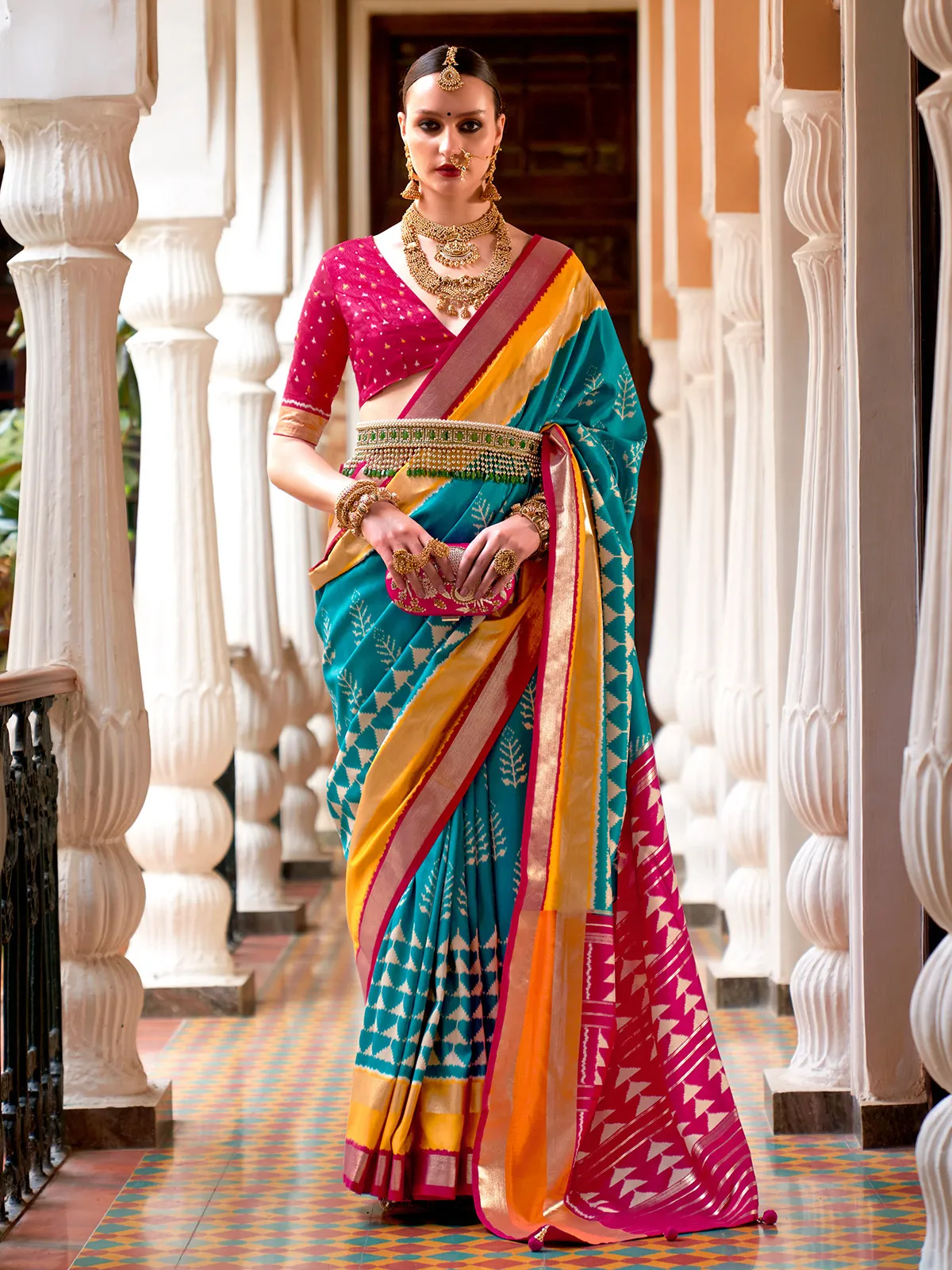 Aqua patola printed silk wedding saree