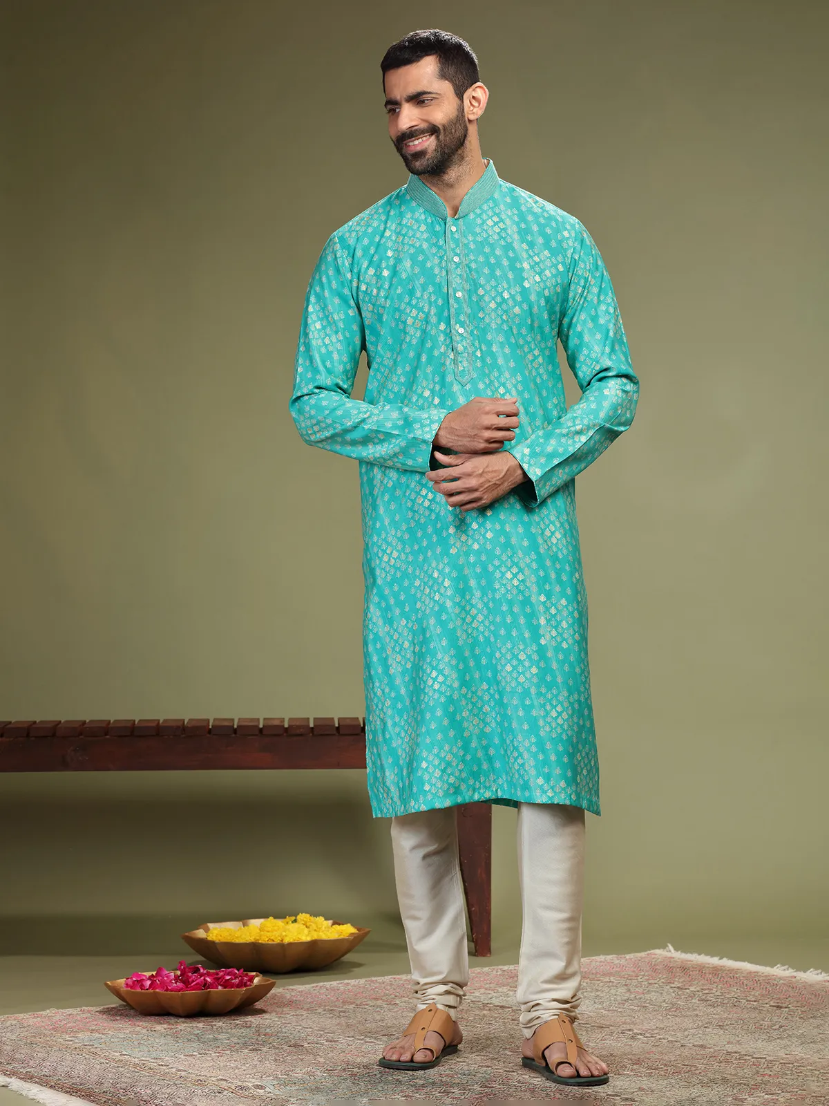 Aqua printed cotton silk  Men Kurta pajama