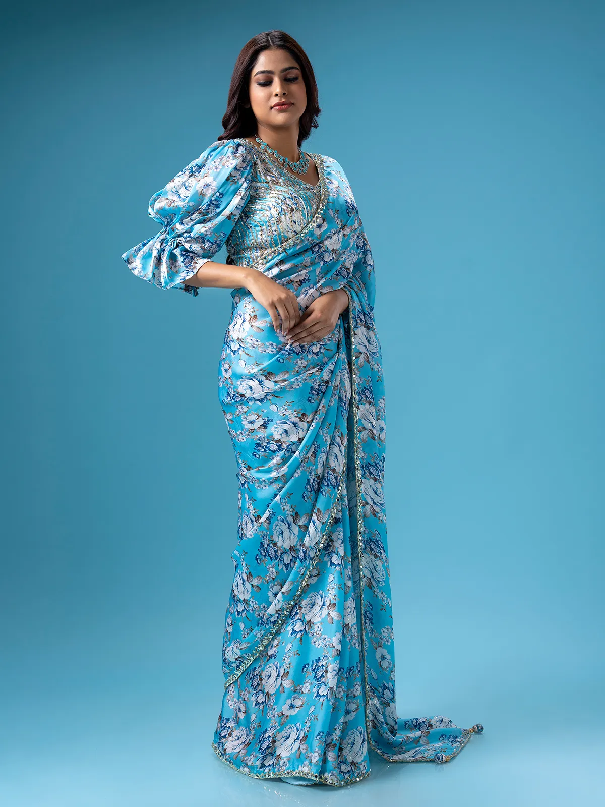 Aqua printed mashru silk saree