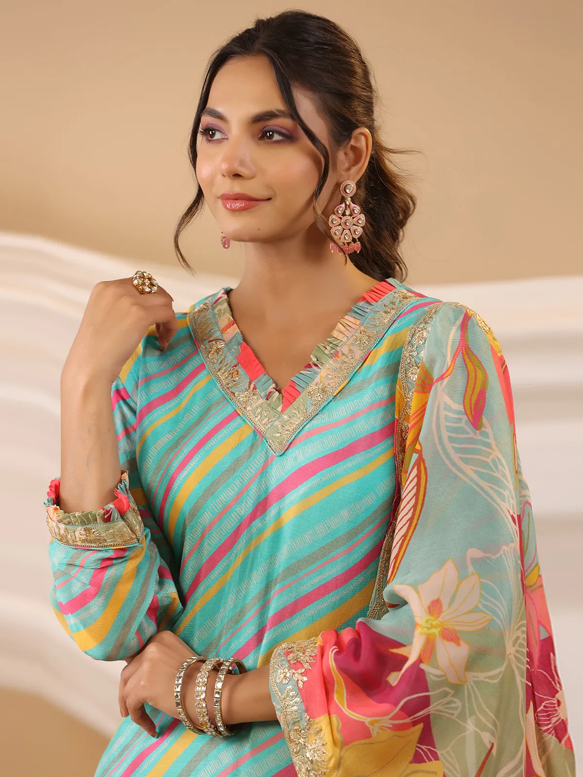 Aqua silk printed sharara set with dupatta