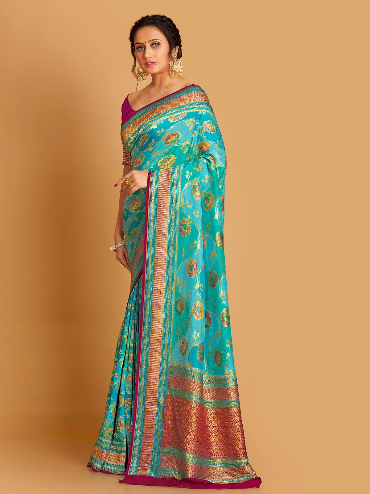 Aqua silk zari weaving saree for wedding