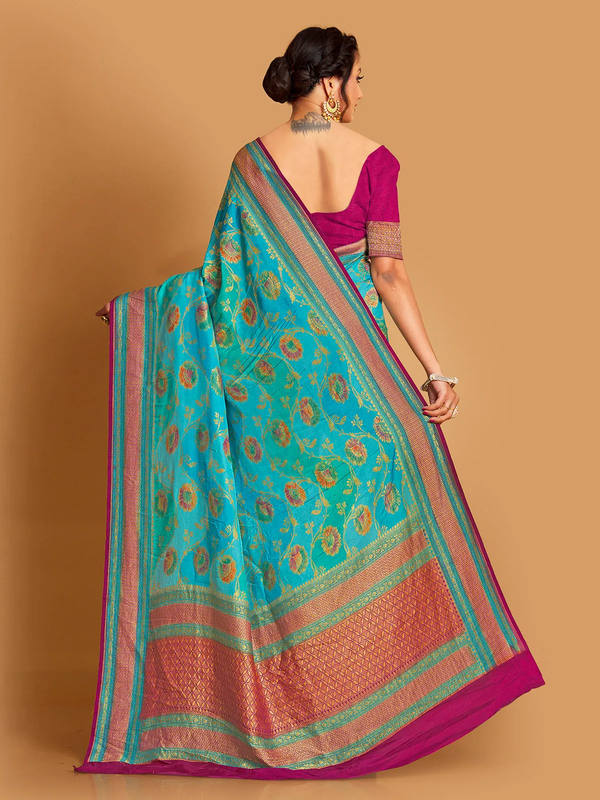 Aqua silk zari weaving saree for wedding