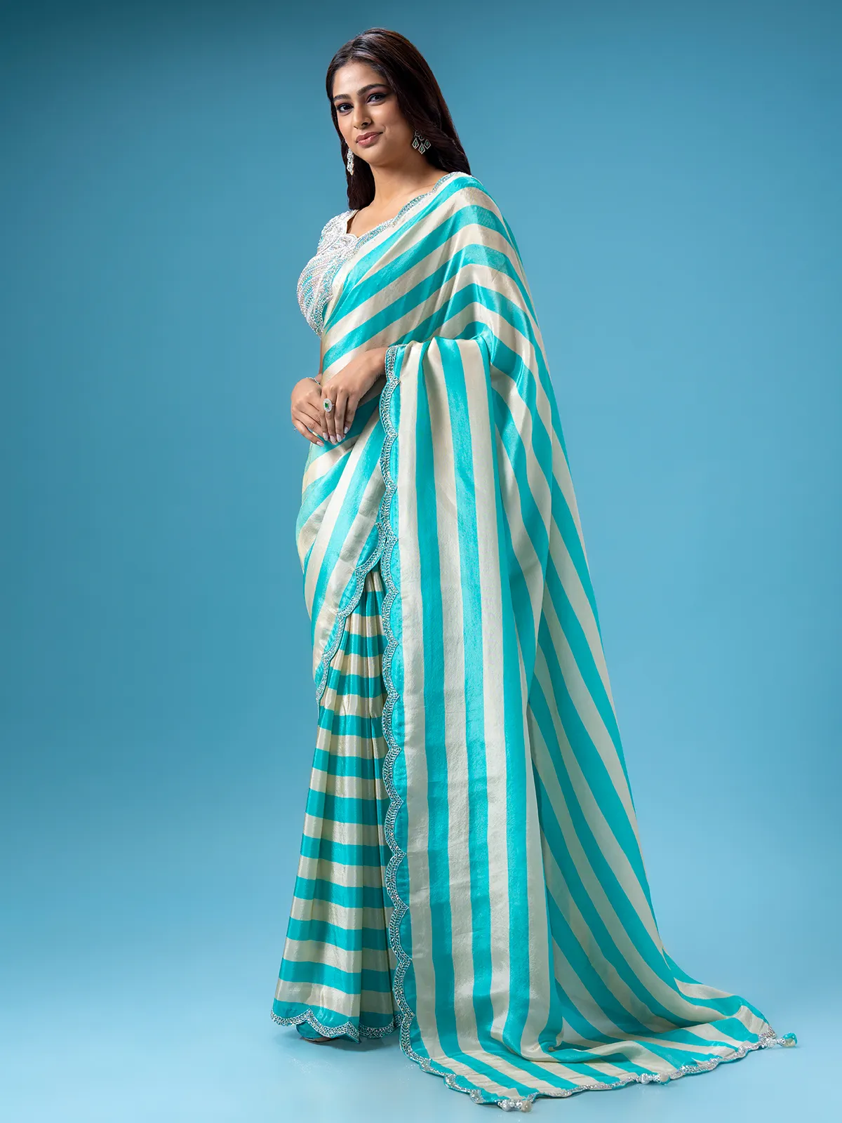 Aqua stripe mashru silk saree