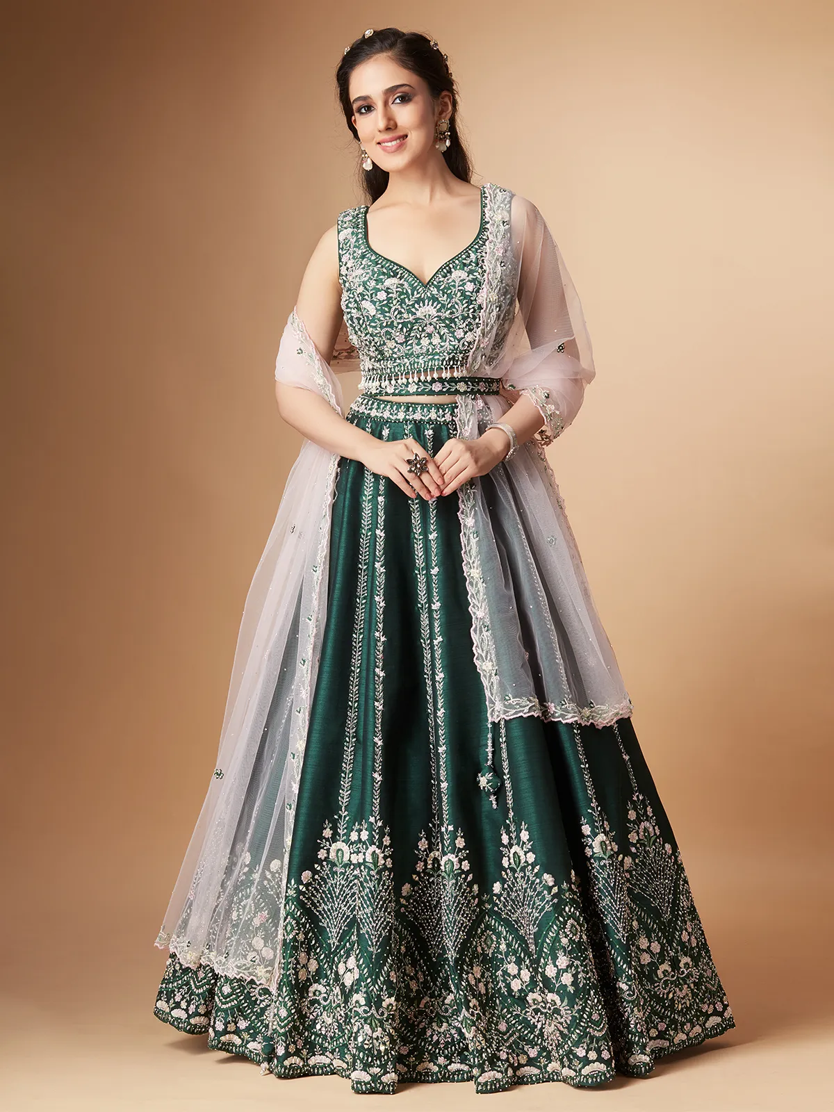 Attractive dark green raw silk lehenga choli