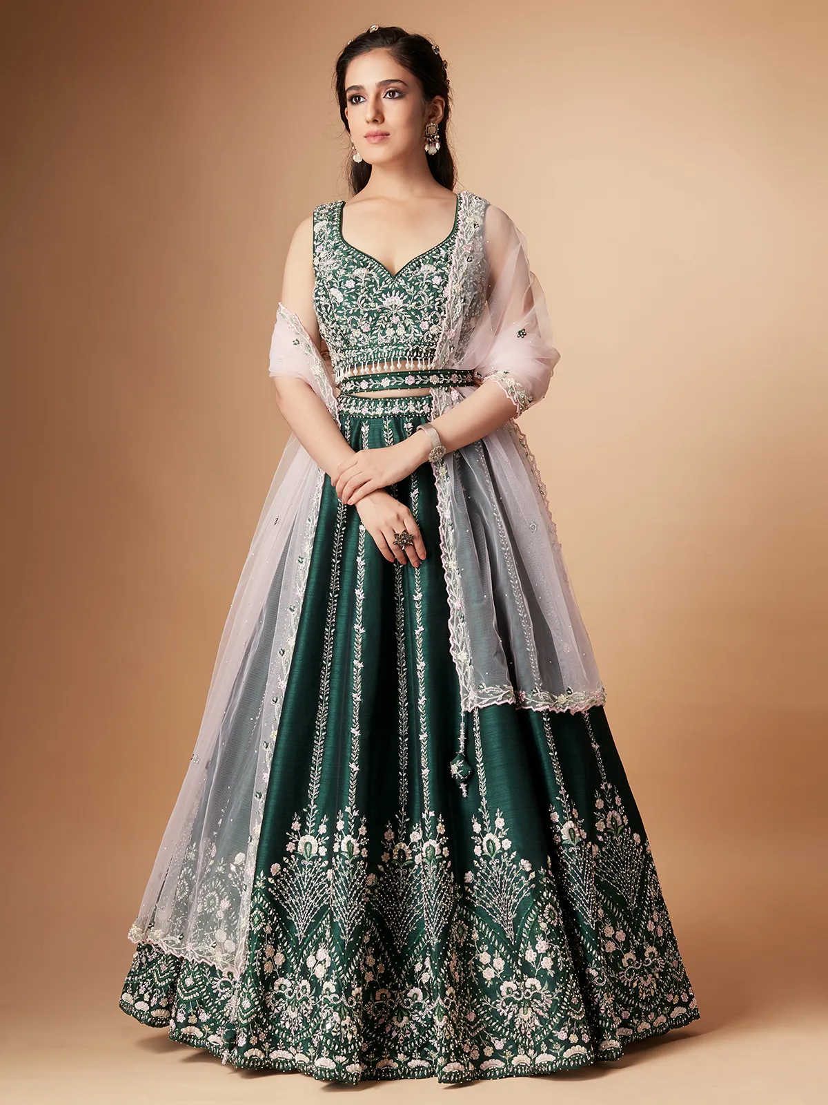 Attractive dark green raw silk lehenga choli