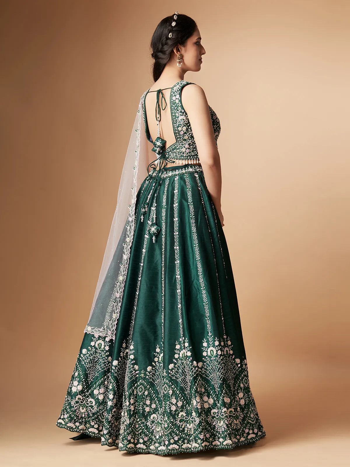 Attractive dark green raw silk lehenga choli