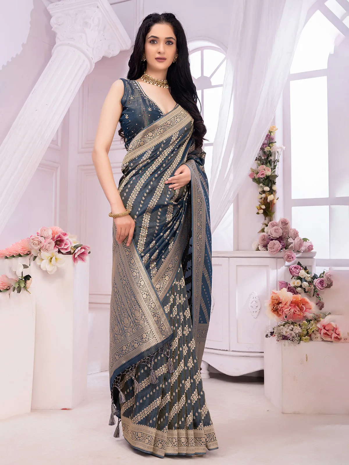 Attractive navy tissue silk saree