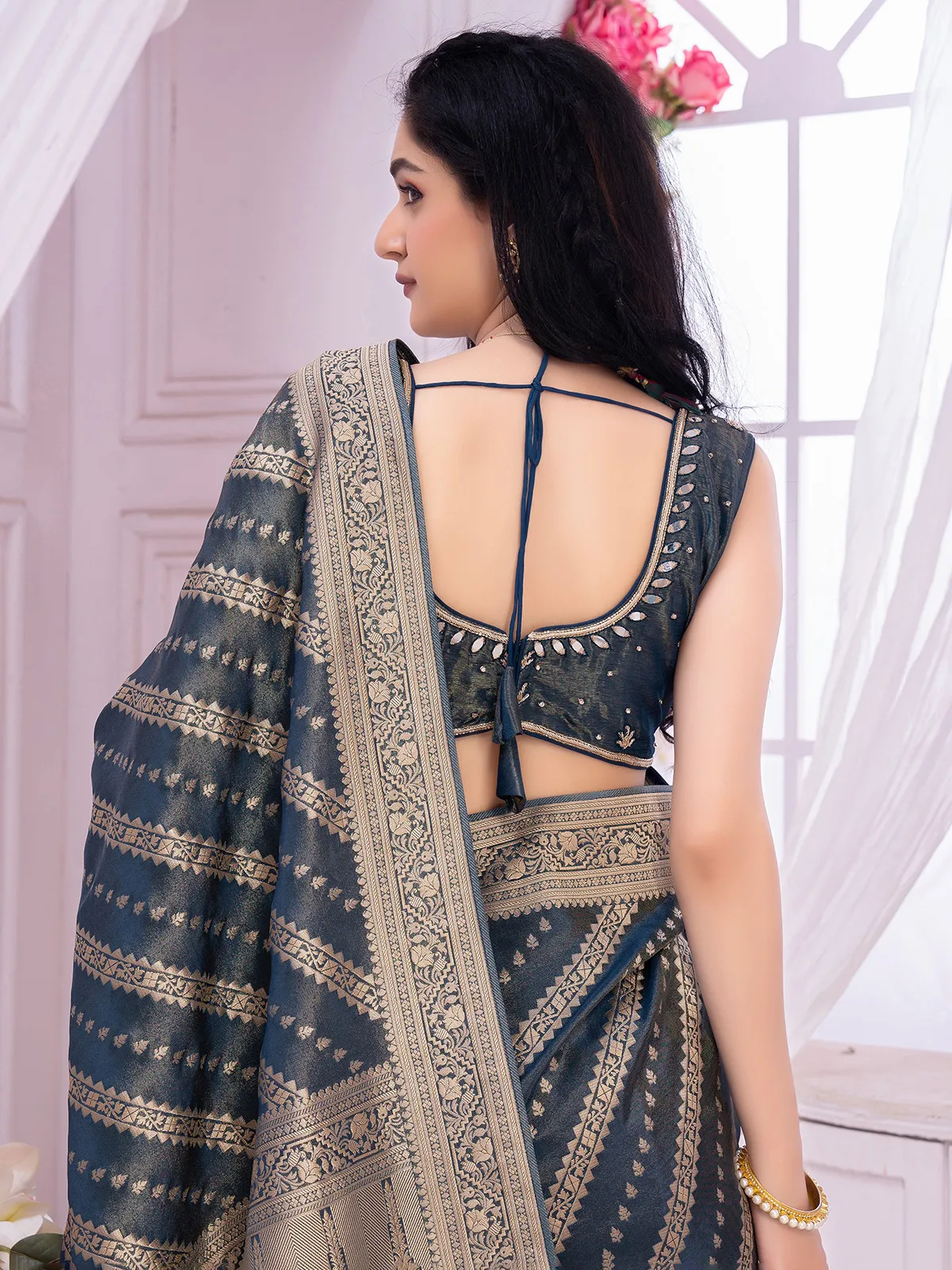 Attractive navy tissue silk saree