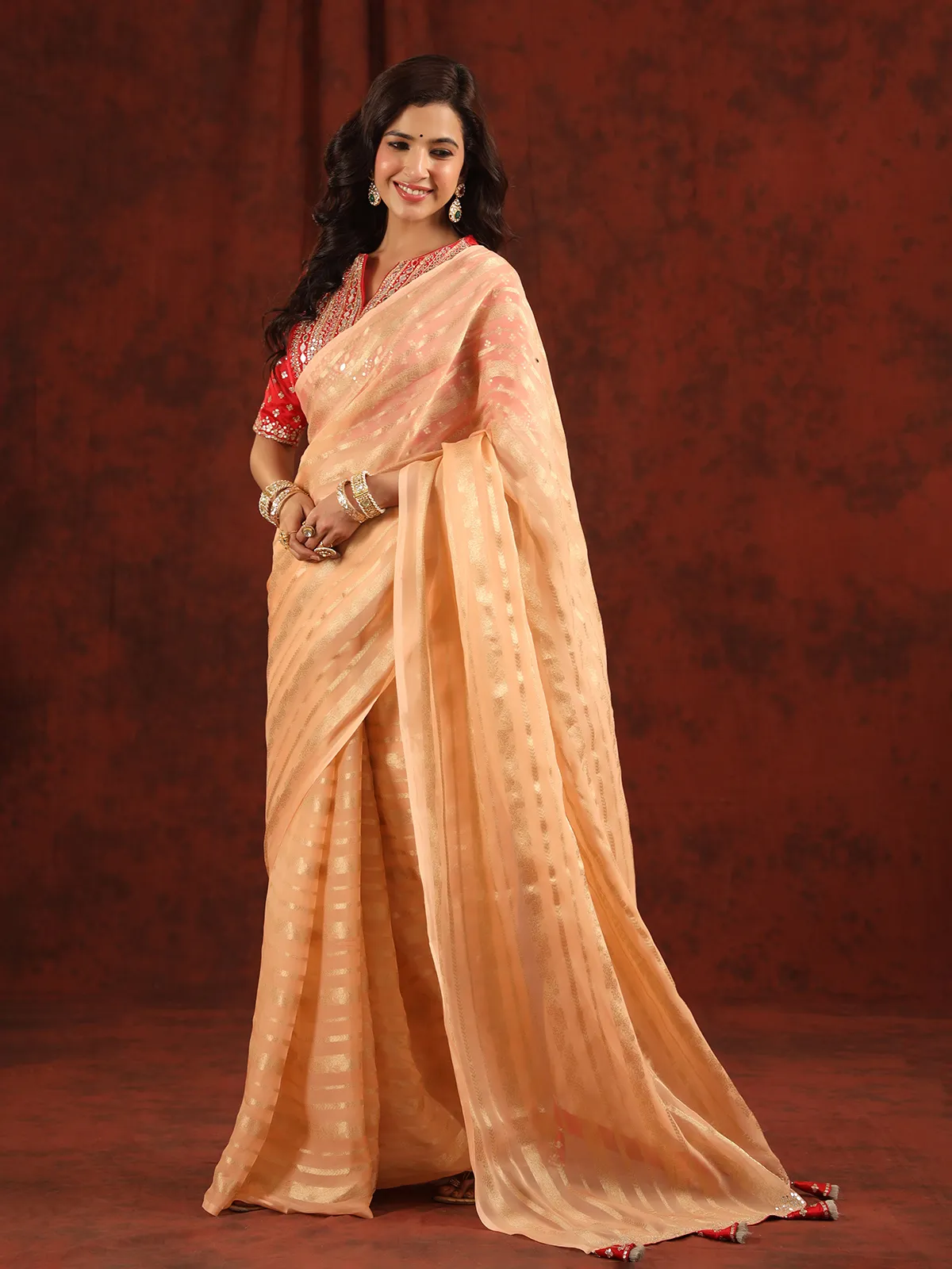 Attractive peach organza saree