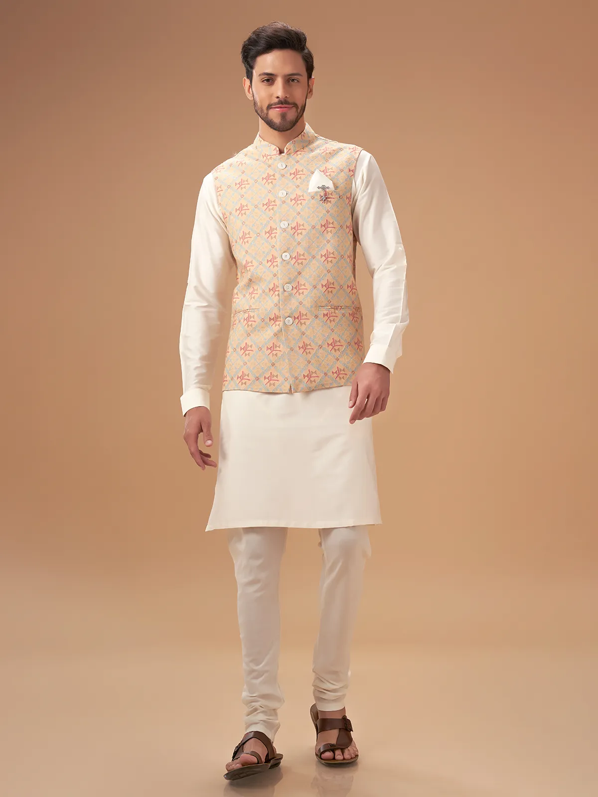 Attractive printed cream silk waistcoat set