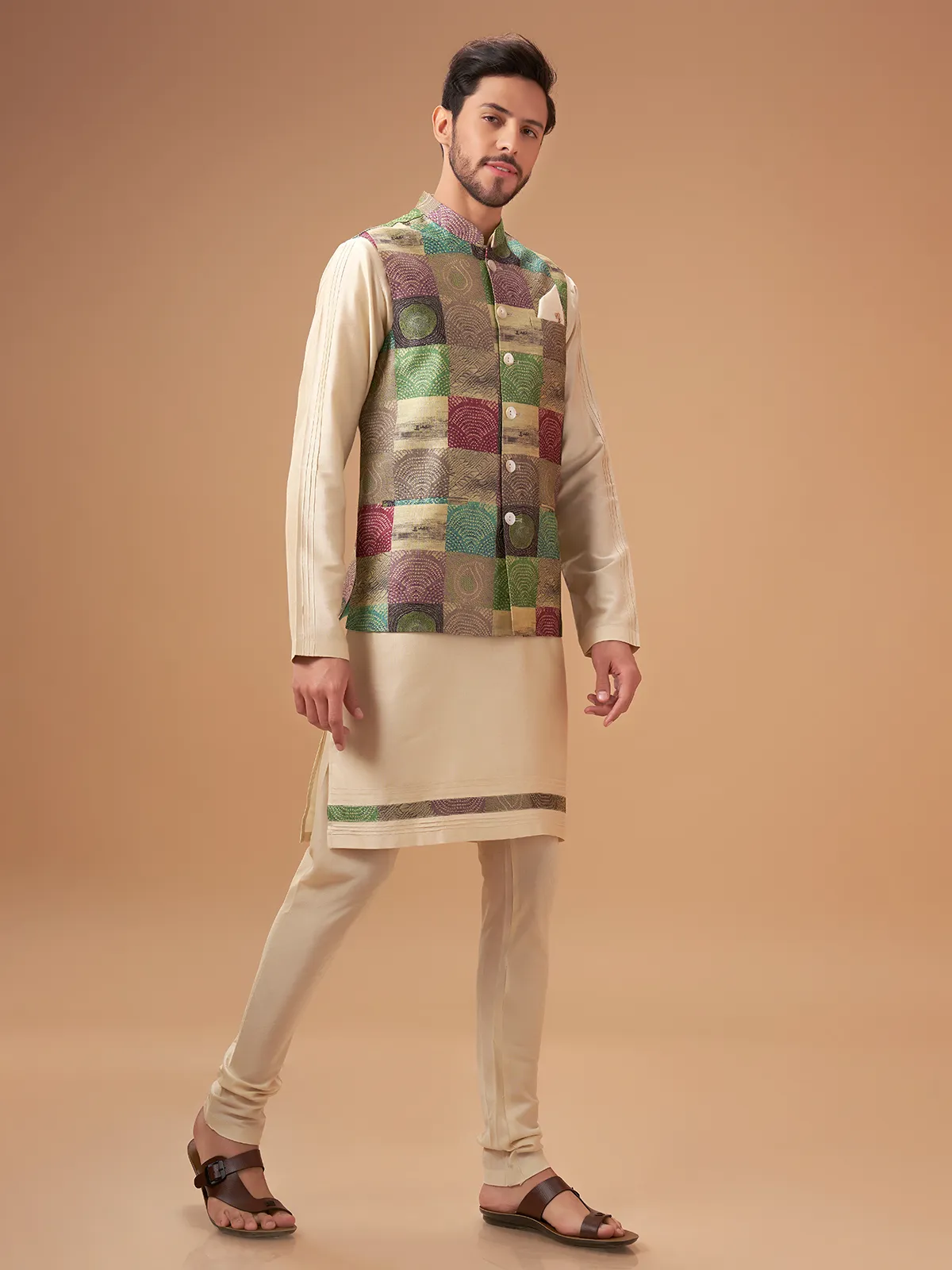 Attractive printed multi color waistcoat set