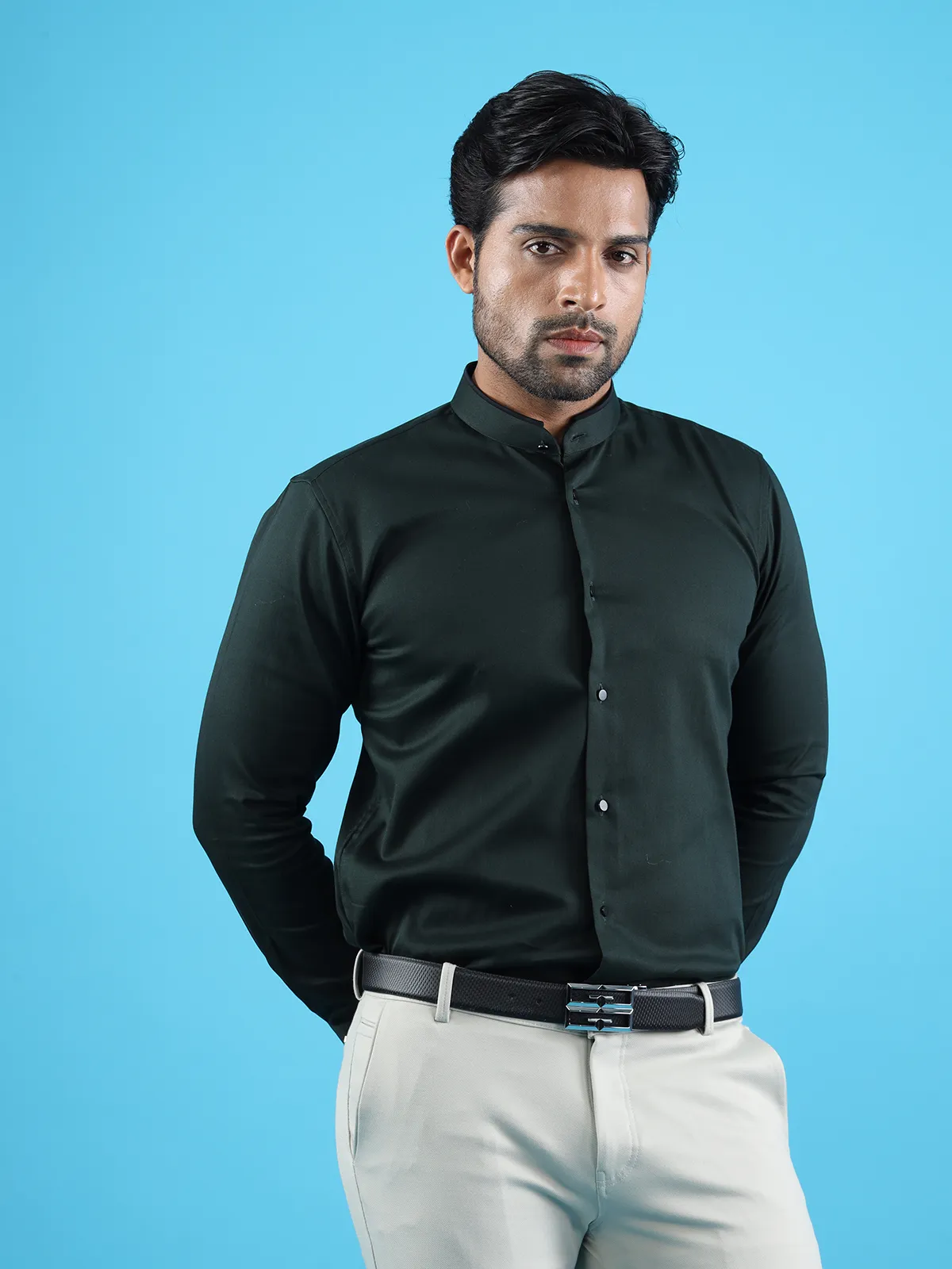 Avega bottle green cotton plain shirt