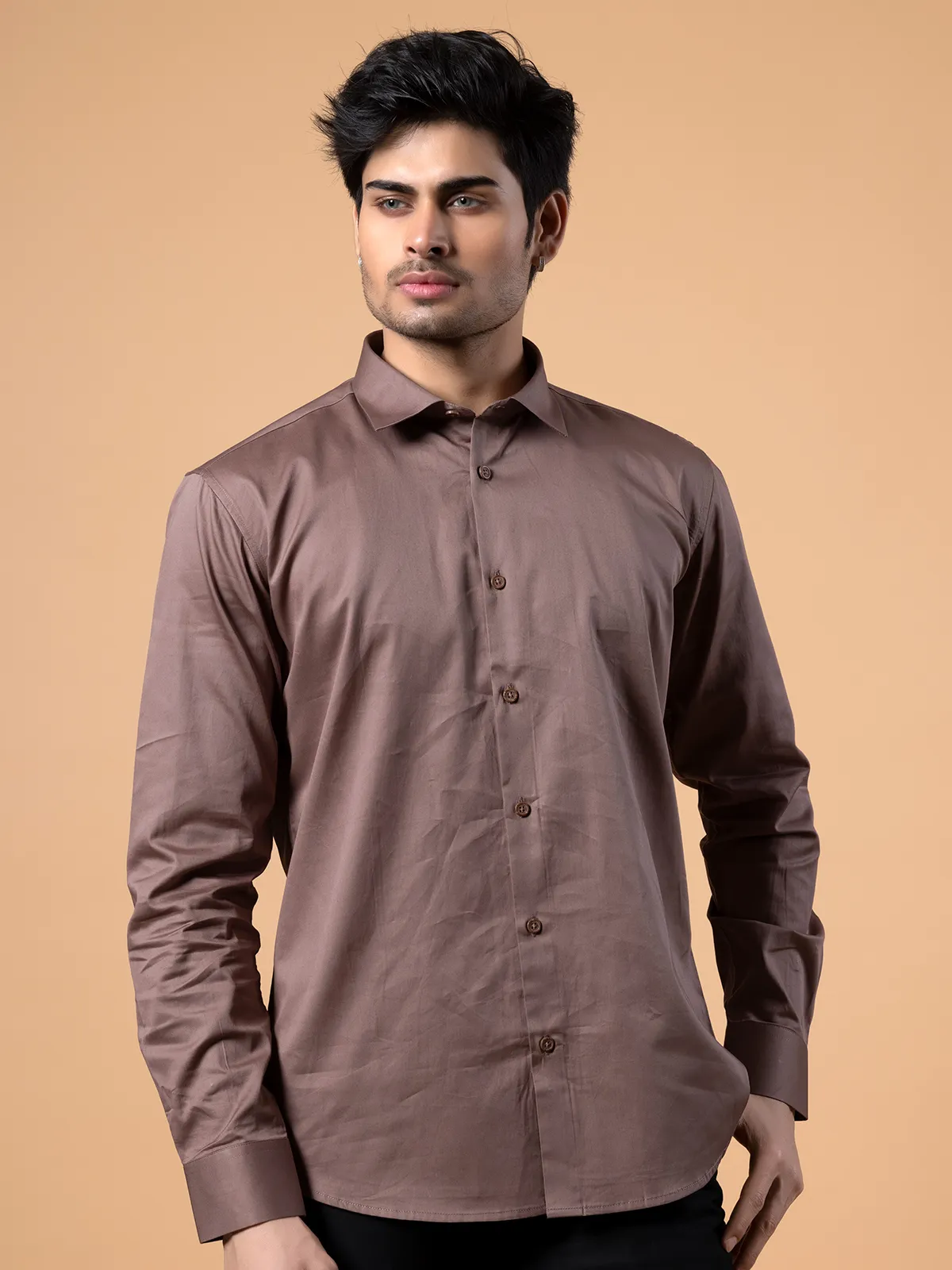 Avega cotton plain brown shirt