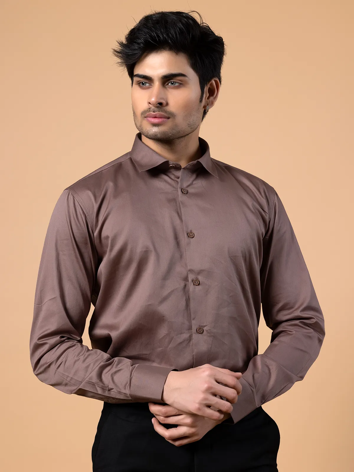 Avega cotton plain brown shirt