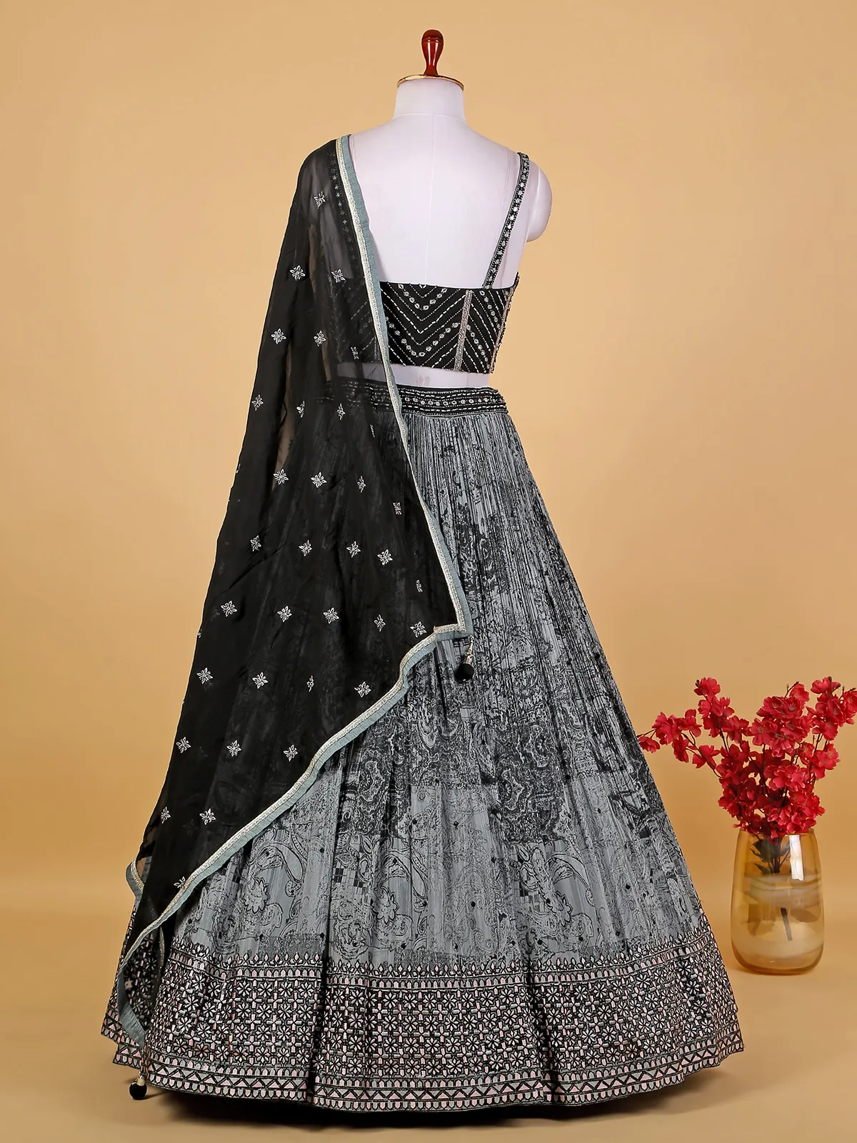 Awesome grey silk printed lehenga choli