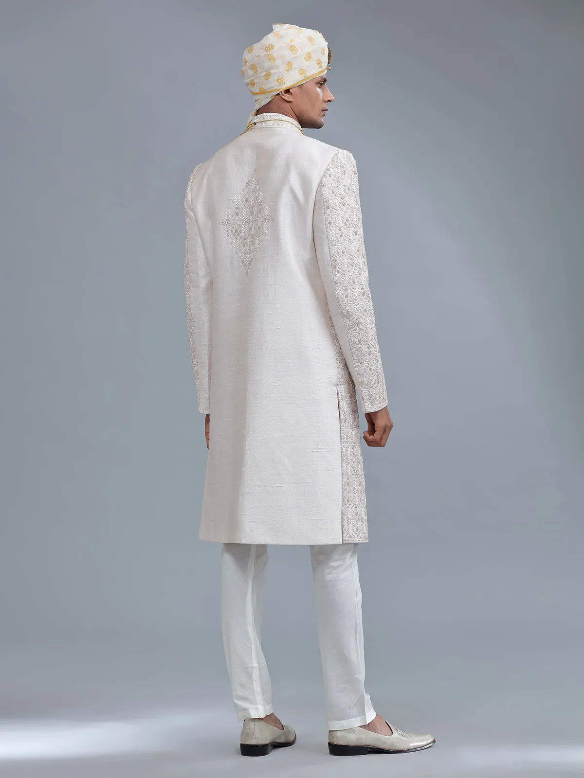 Awesome light peach raw silk sherwani for groom