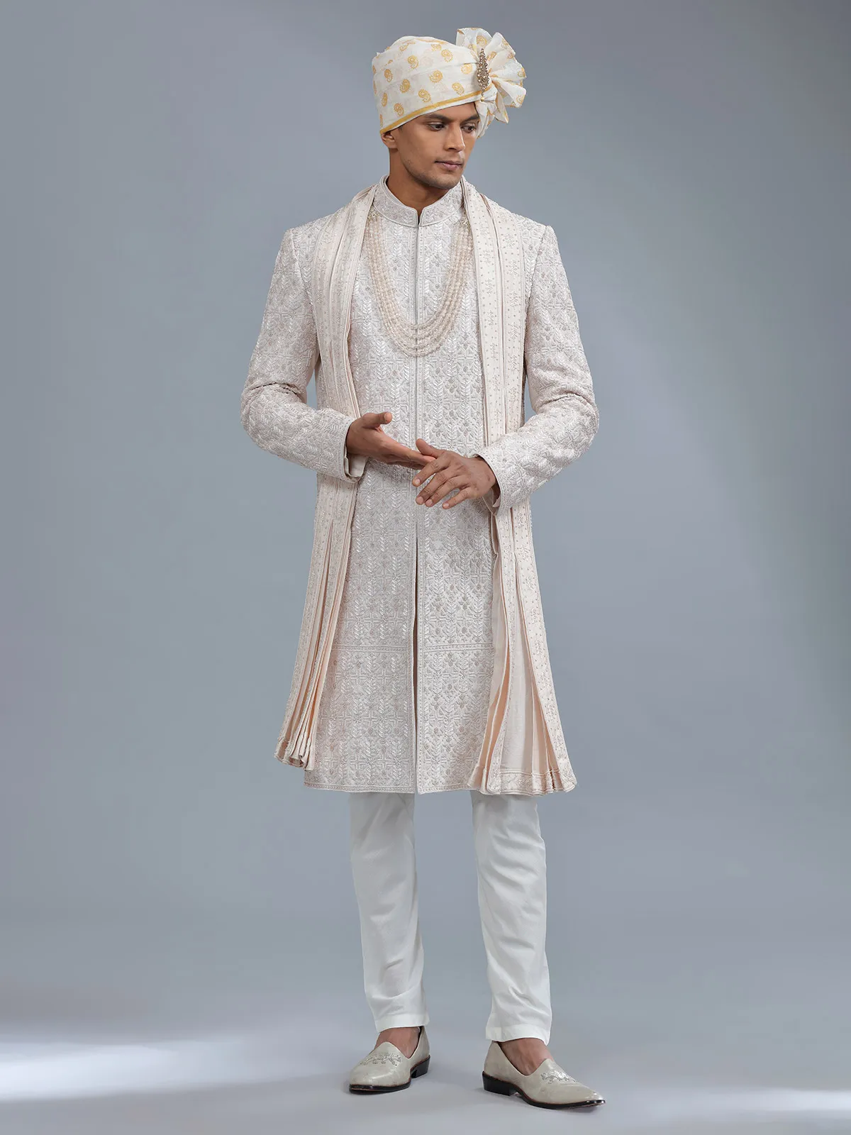 Awesome light peach raw silk sherwani for groom