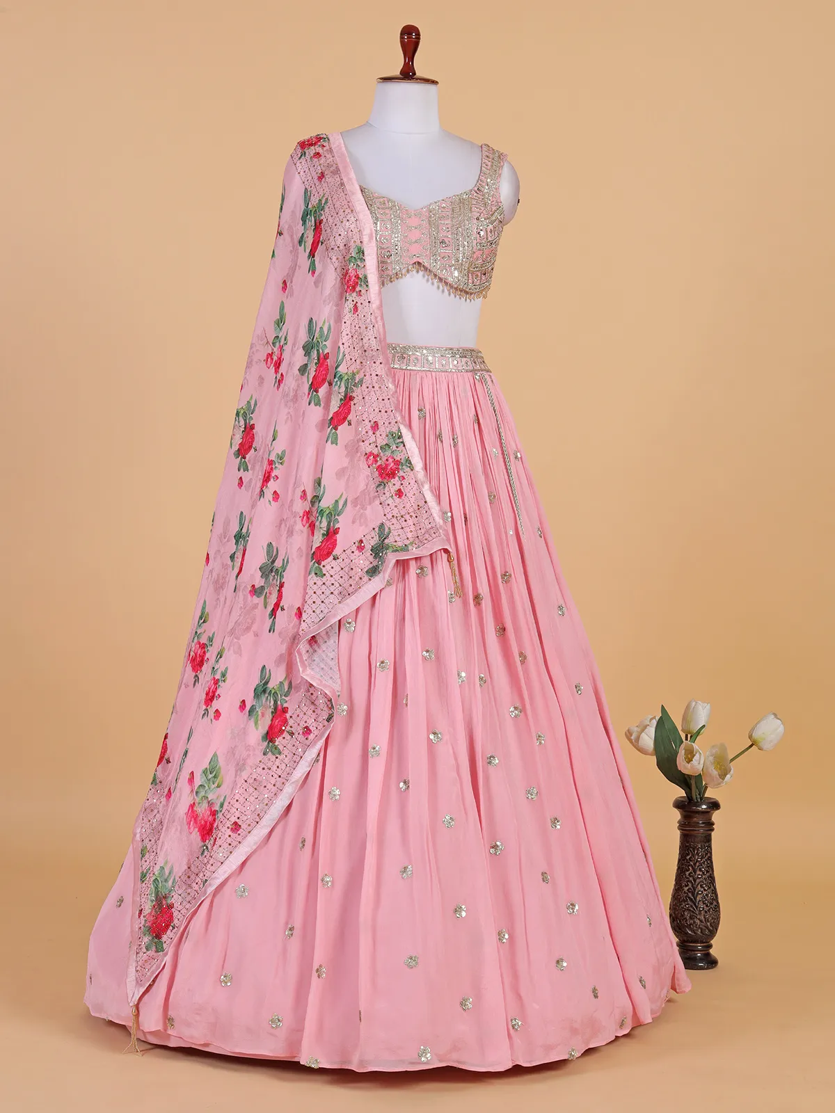 Baby pink chiffon lehenga choli