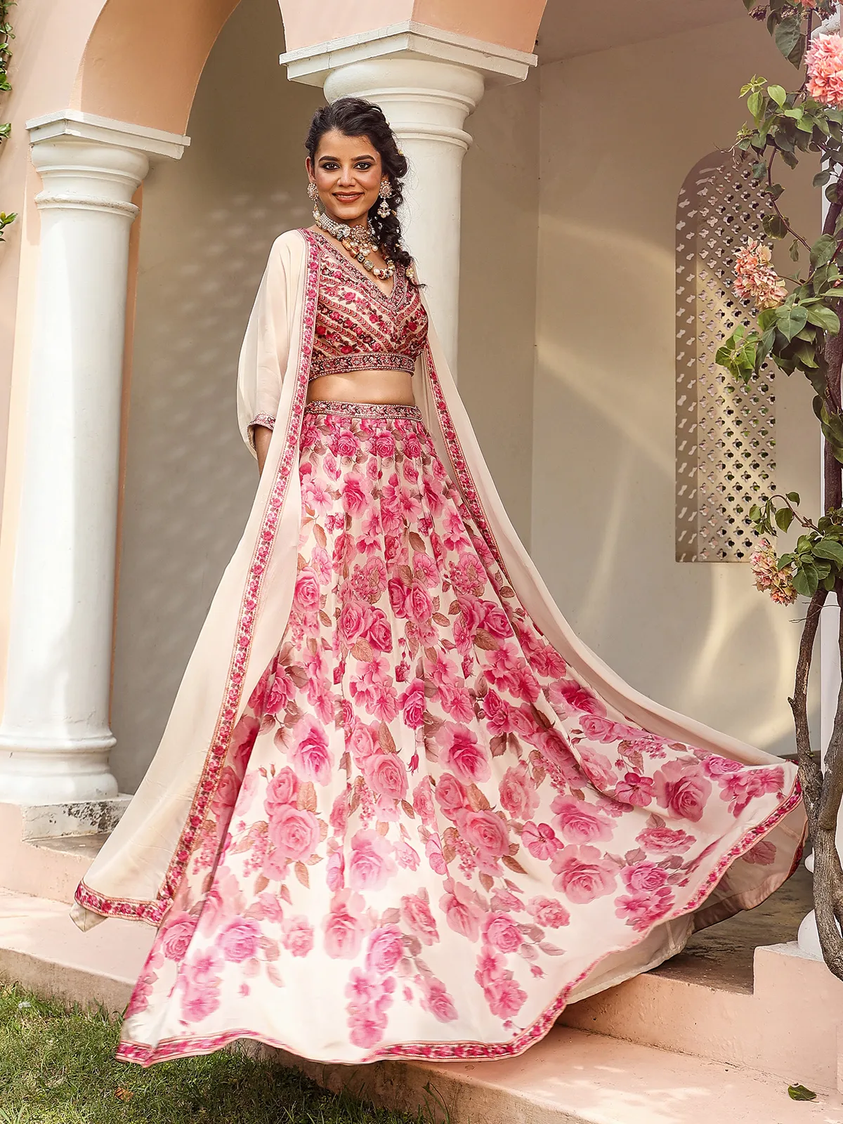 Baby pink floral printed satin lehenga choli