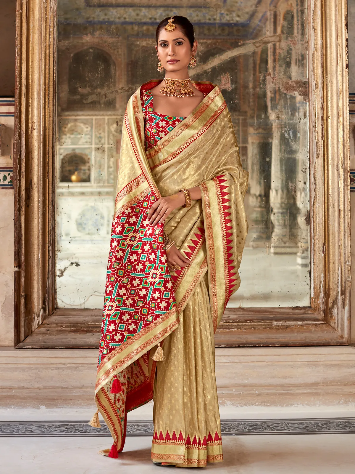 Banarasi silk beige zari weaving saree