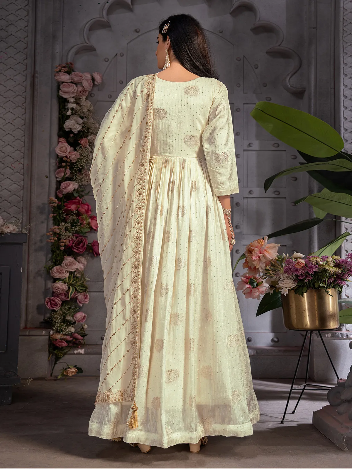 Banarasi silk cream anarkali suit for wedding