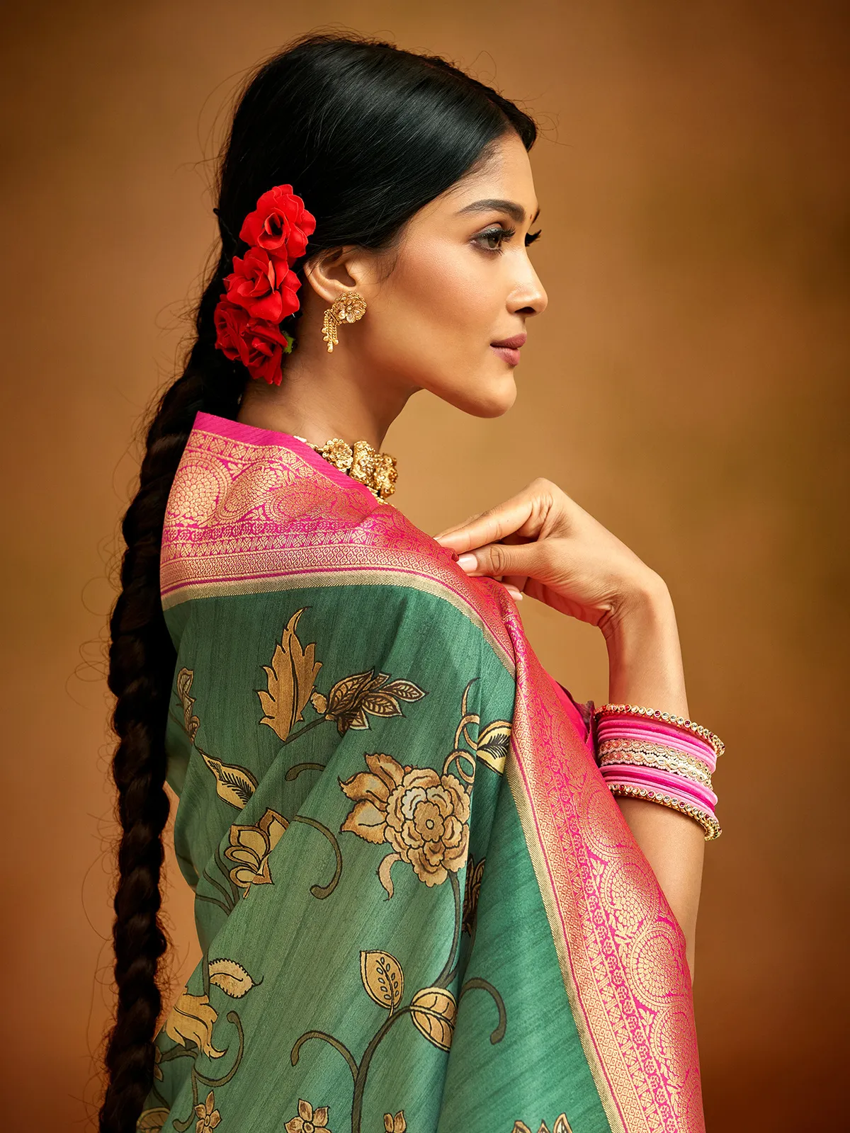 Banarasi silk green digital printed saree
