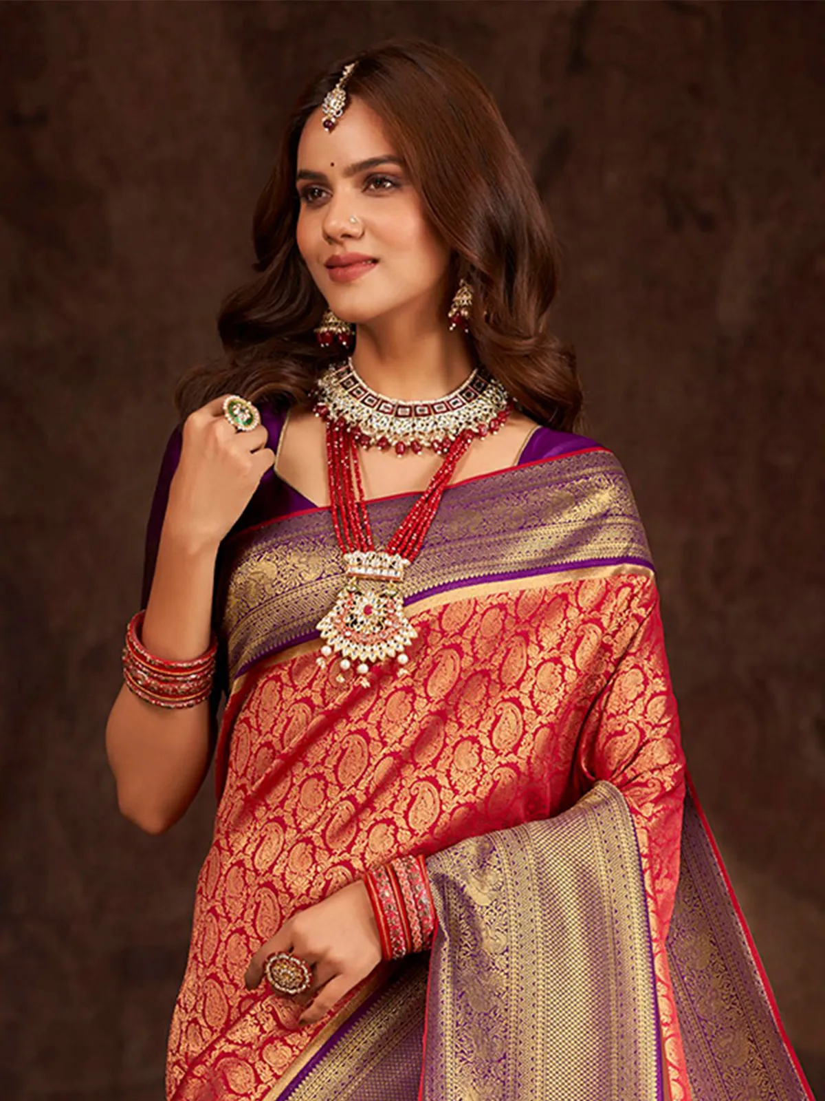 banarasi silk red saree with contrast border
