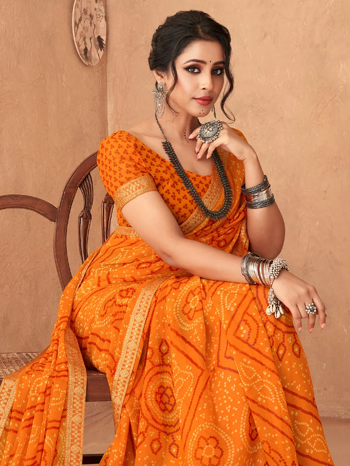 Bandhani printed orange saree