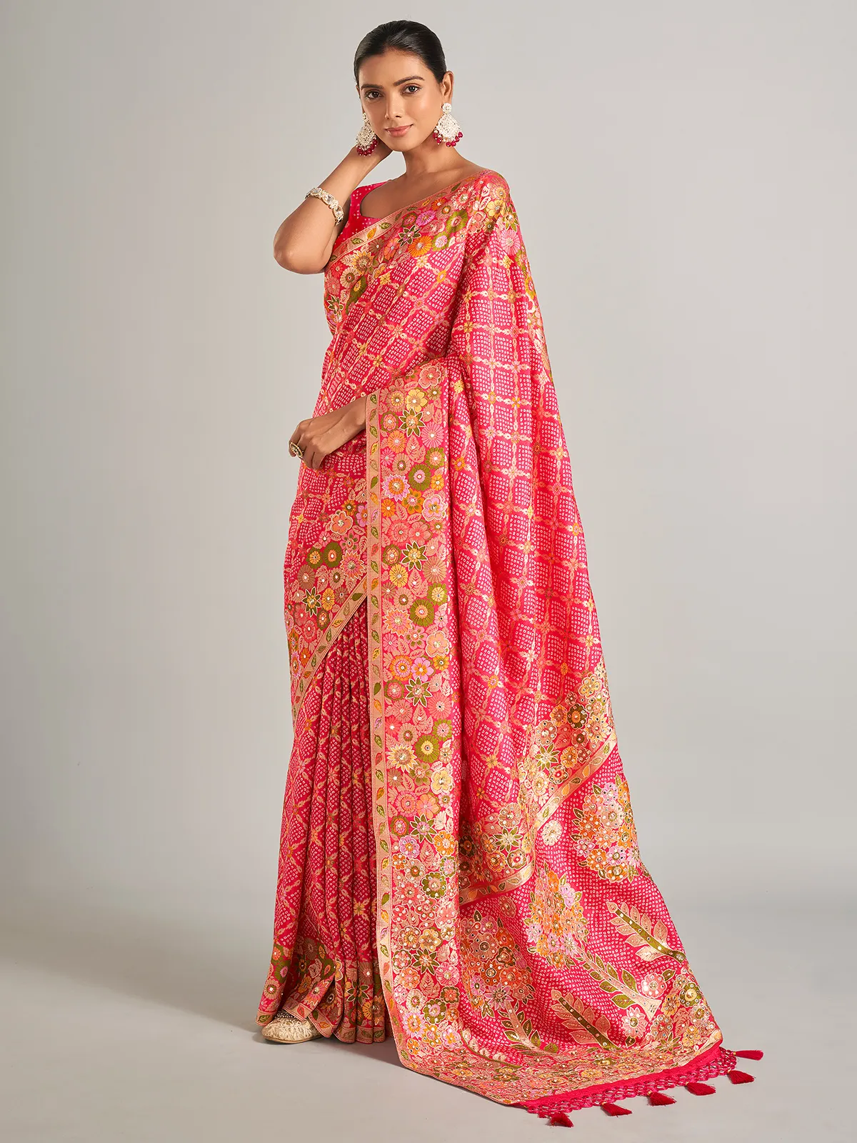 Bandhani printed pink silk saree