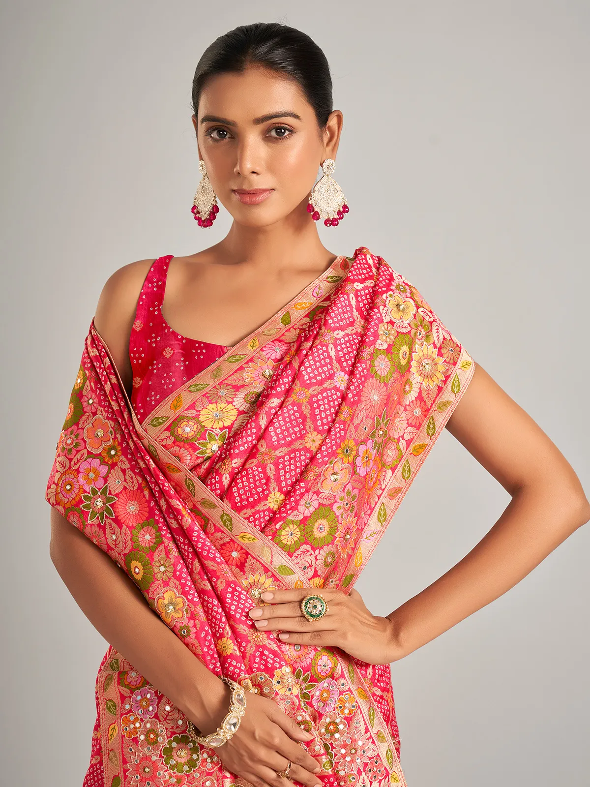 Bandhani printed pink silk saree