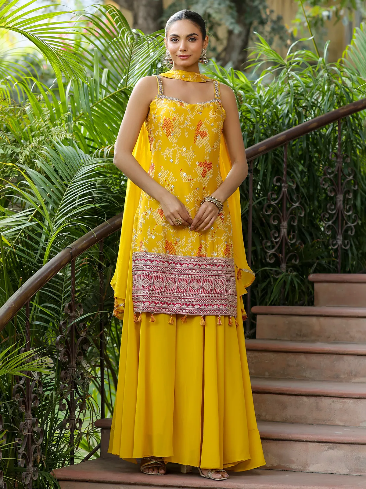 Bandhani printed yellow silk palazzo suit