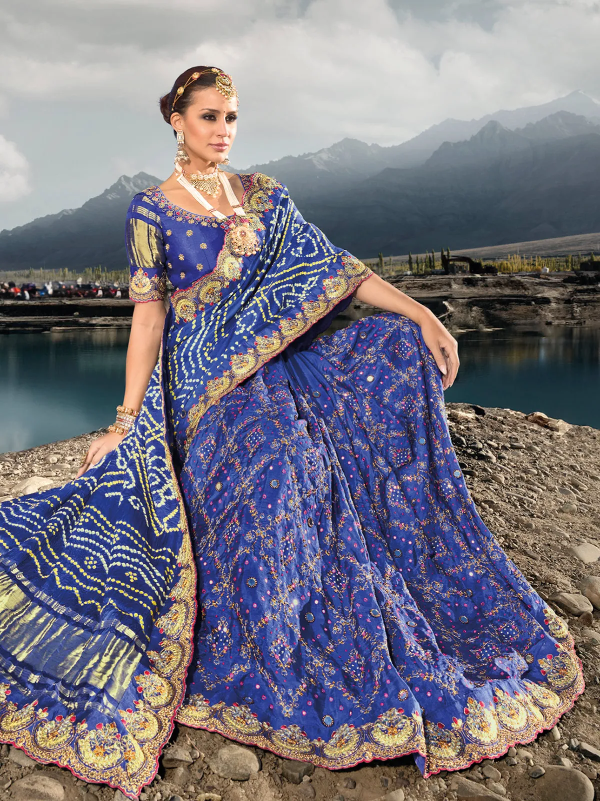 Bandhej printed satin blue saree