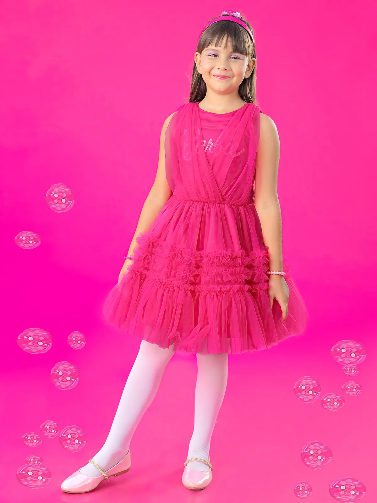 BARBIE magenta net frock G3 GDR0553