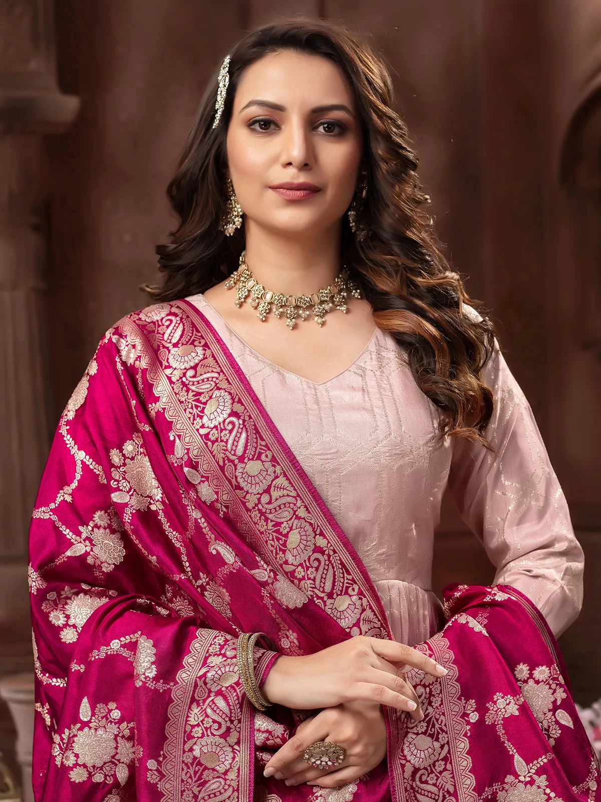 Beautiful baby pink banrasi silk anarkali suit