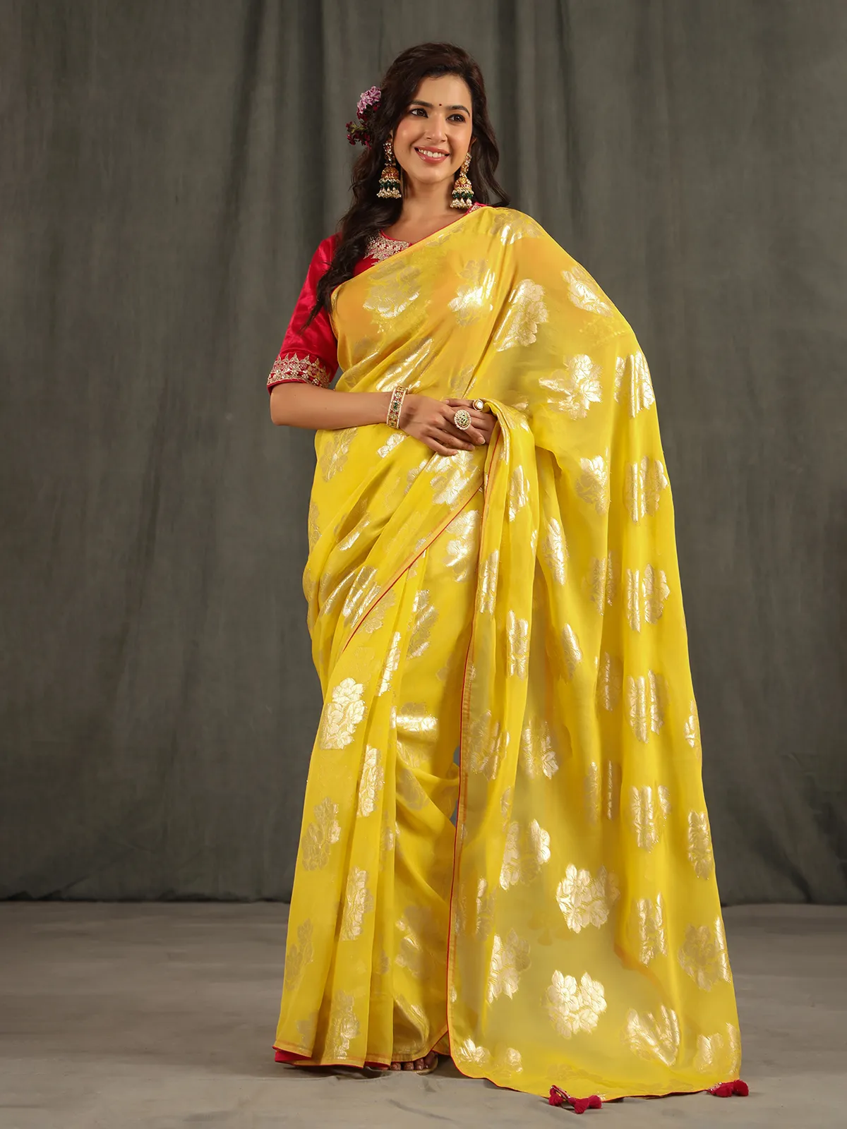 Beautiful bright yellow organza saree