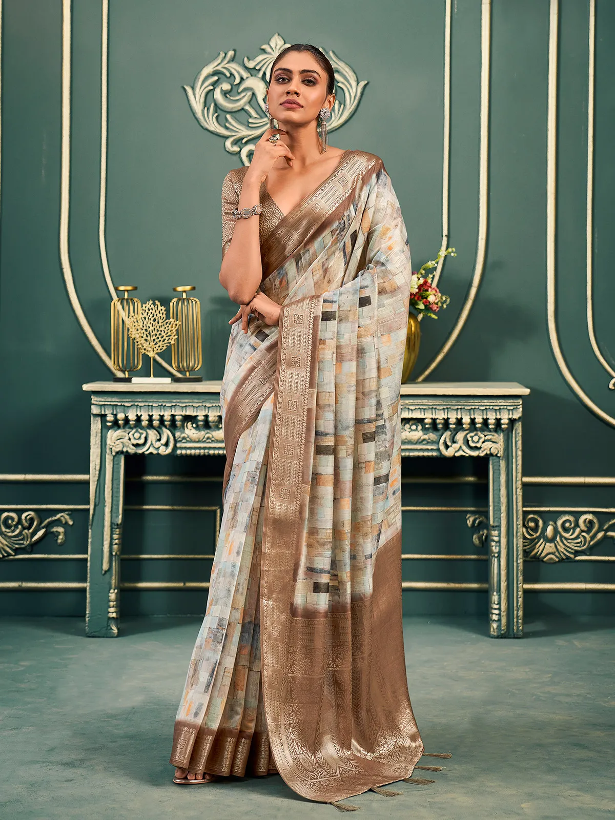Beautiful brown printed cotton saree