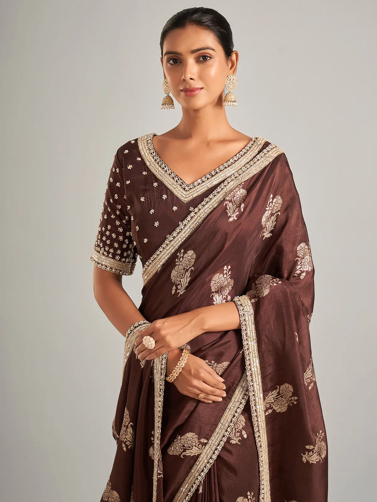 Beautiful brown silk saree in zari work