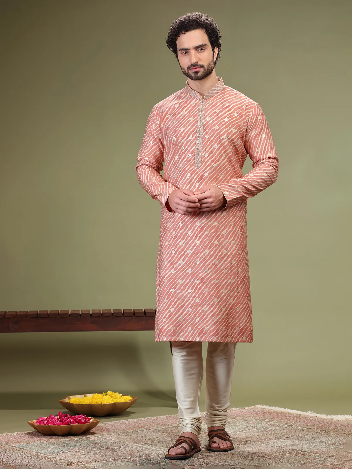 Beautiful coral pink printed cotton silk  Men Kurta pajama