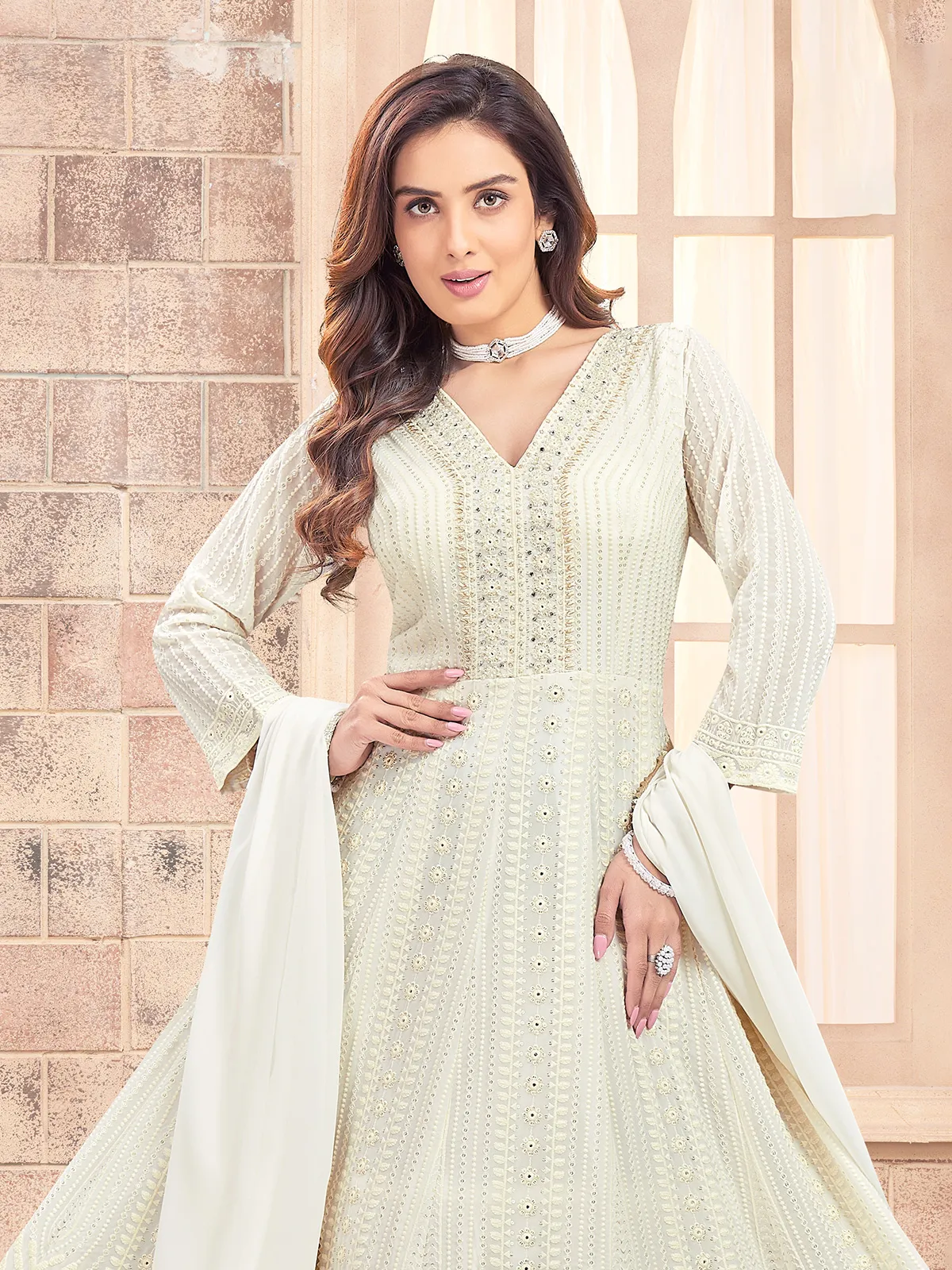 Beautiful cream embroidery anarkali suit