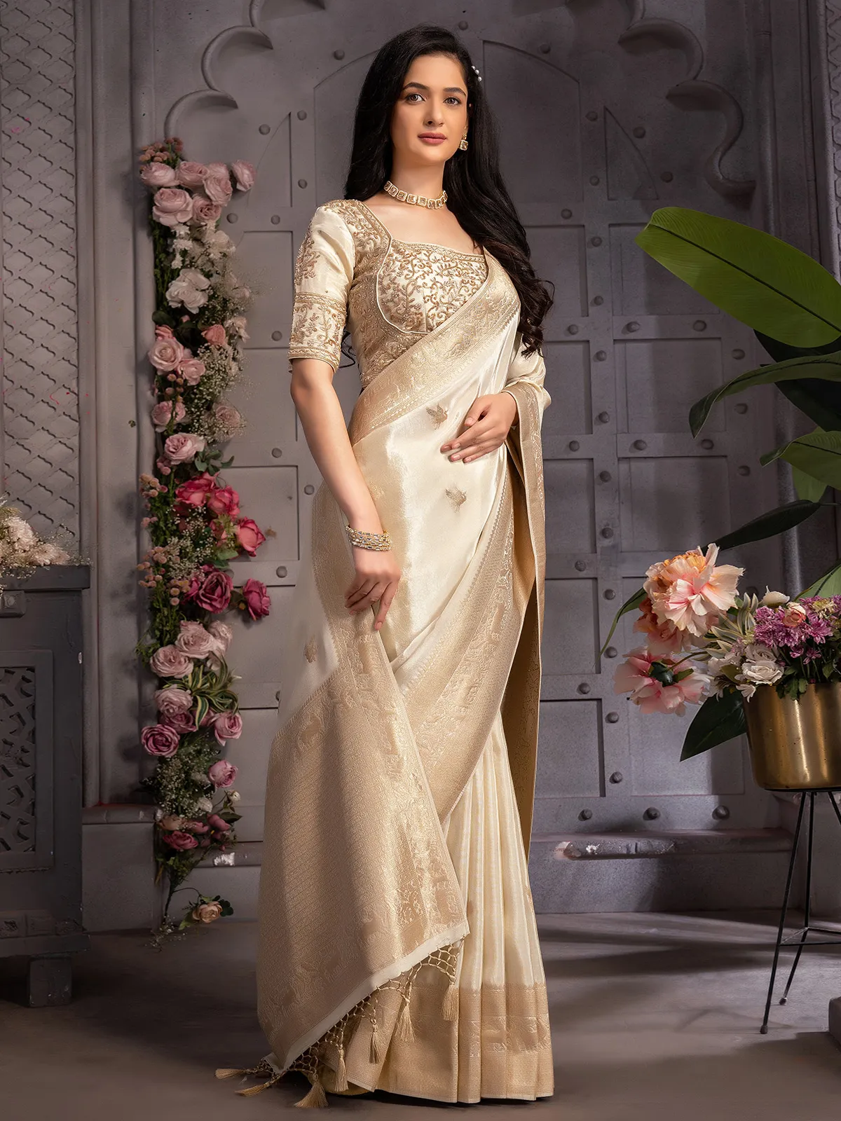 Beautiful cream tissue silk saree